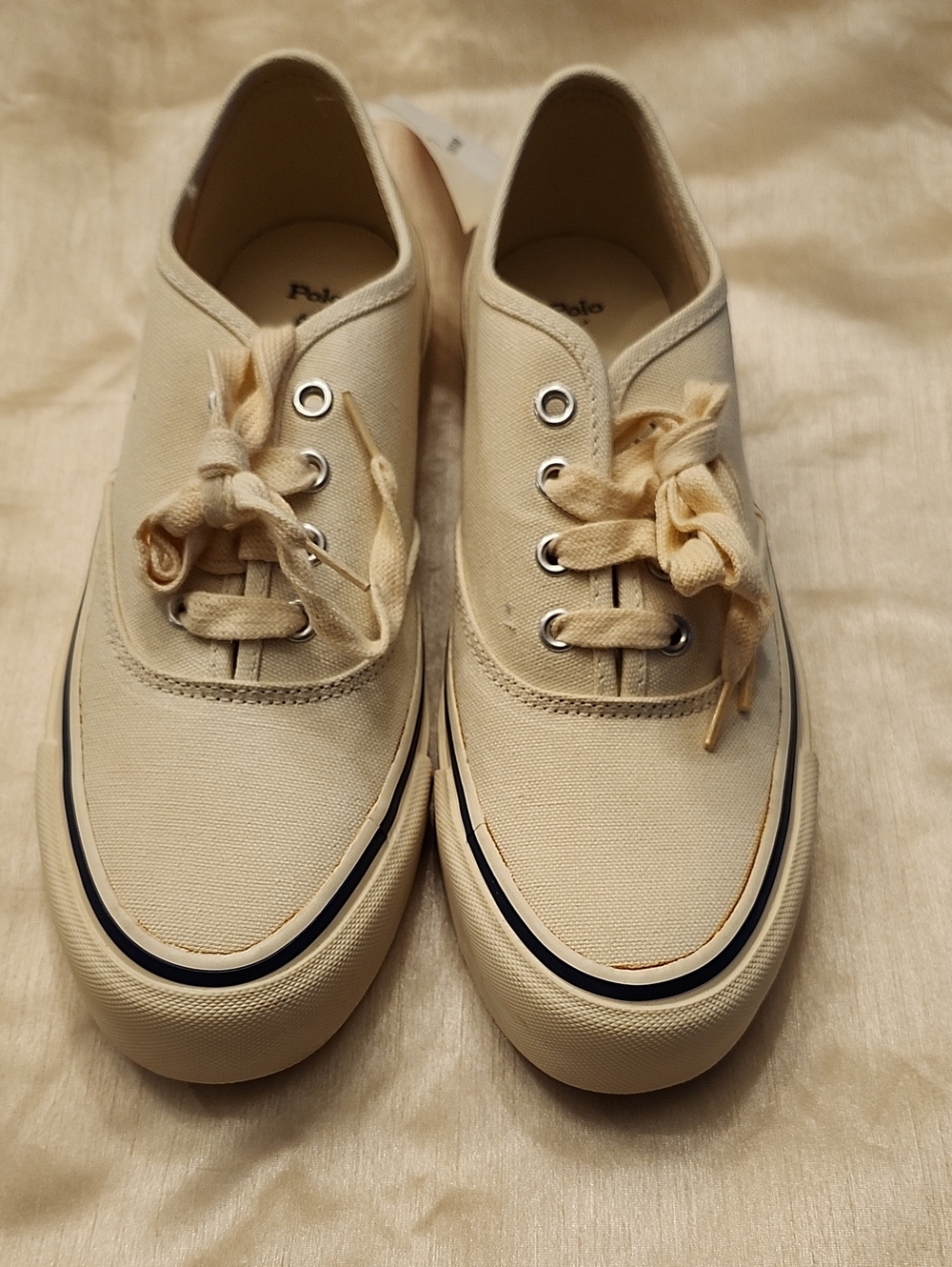 Polo Ralph Lauren Vtg New Cream Canvas Preppy Sneakers Navy Accents, 8B, $30